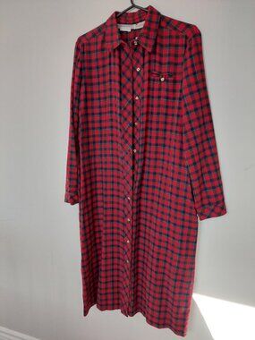 Vintage Evan-Picone  Women's Size 14 Red & Black Plaid Shirt Dress Wool Cotton